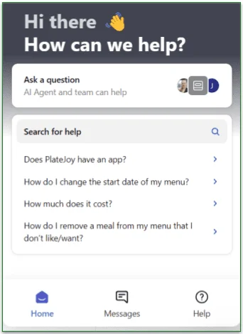 PlateJoy's help chat screen
