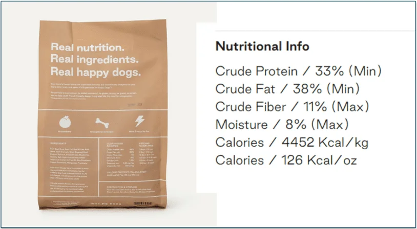 The back of the Muscle Up packaging and the nutritional information for the recipe