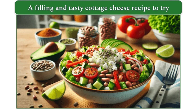 Bowl of cottage cheese salad with beans, avocado, and limes