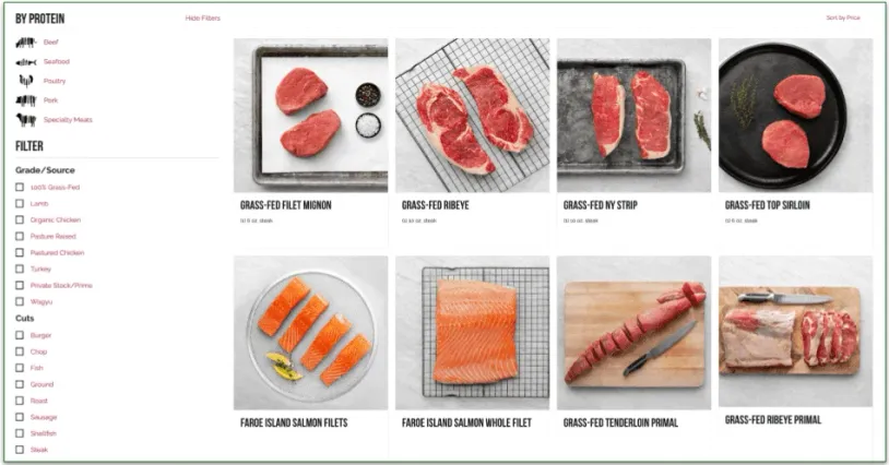 screenshot of Rastelli's best seller pack with salmon, chicken breast, burgers and steaks.
