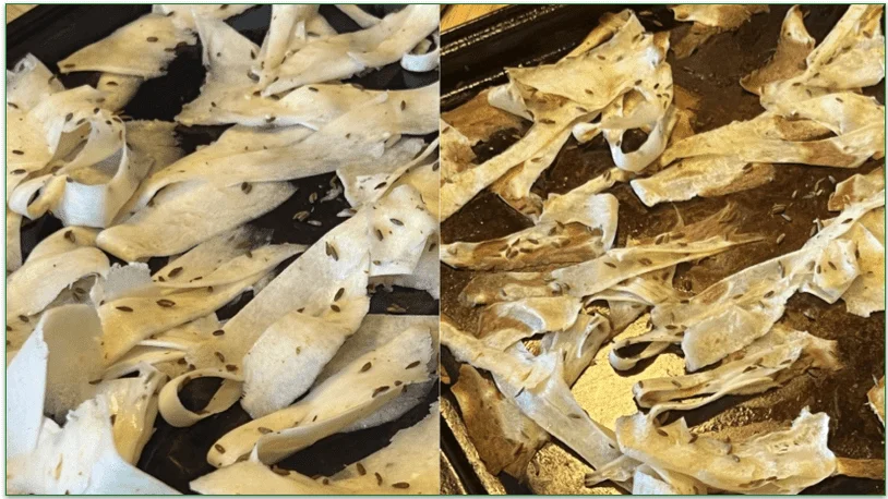 A photo of the peeled raw parsnip ribbons before cooking next to a photo of the crispy parsnip ribbons after cooking