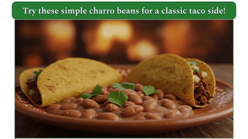 2 tacos on a plate with some charro beans.