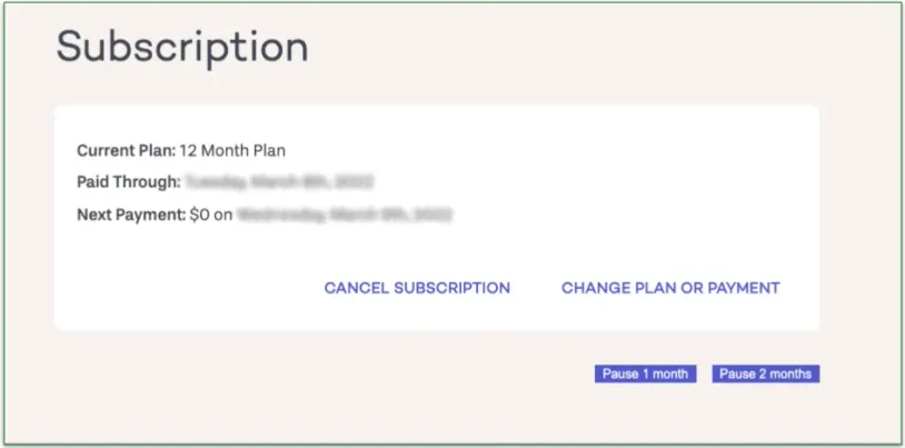 Screenshot of the PlateJoy account settings page from where you manage subscriptions 