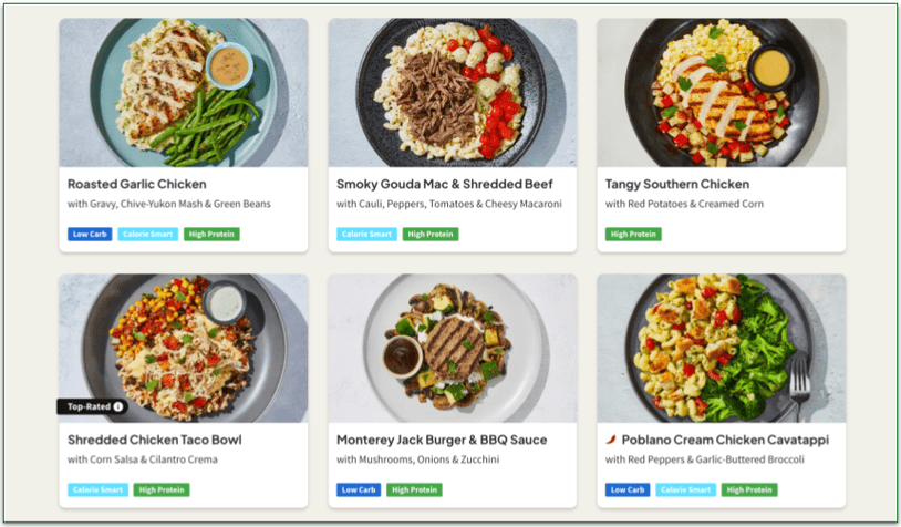 a screenshot of factor's weekly menu offerings