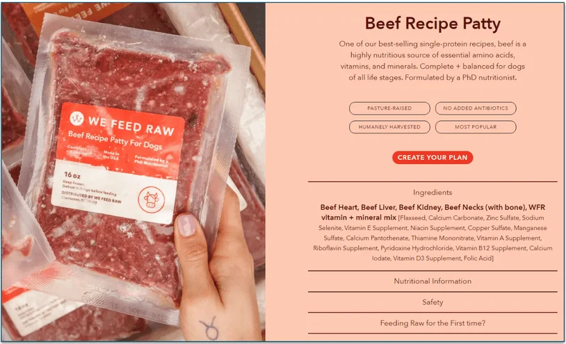 The Beef recipe ingredients list and an image of the Beef patty