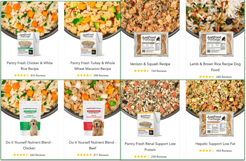 A collage showing the different types of food from JFFD: Pantry Fresh, Fresh Frozen, DIY Homemade, and Vet Support meals