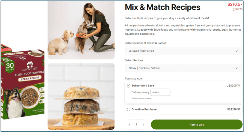 Pricing for the Mix & Match recipes on PawFoods