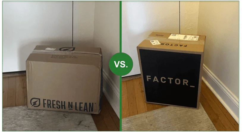 Image of Fresh N Lean box on one side and a Factor box on the other