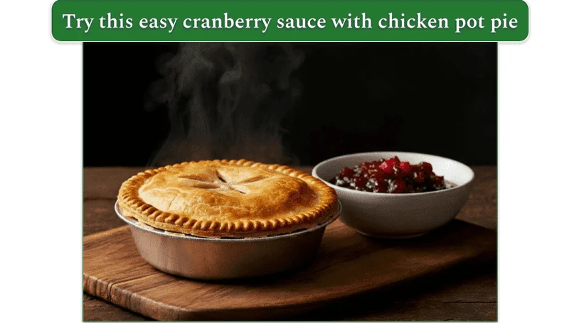 a chicken pot pie beside a bowl of cranberry sauce