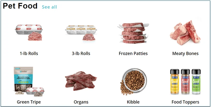 Some of Raw Paws Pet Food's meal types