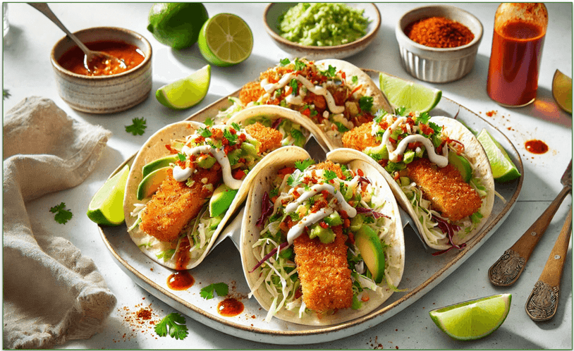 Fish tacos served on a plate with lime wedges and hot sauce