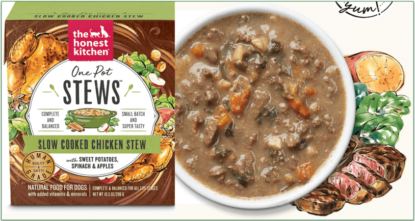 The Honest Kitchen's Chicken One-Pot Stew recipe in packaging and served in a bowl