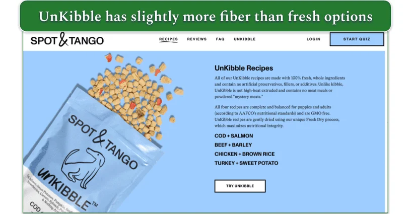 Screenshot of Spot & Tango’s UnKibble page showing 4 recipes listed