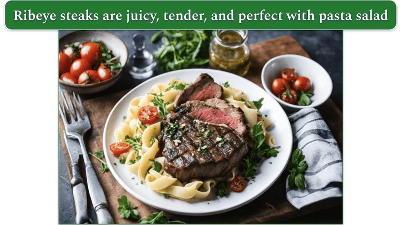 a plate of ribeye steak with some pasta salad beside two bowls of cherry tomatoes and a jar of olive oil