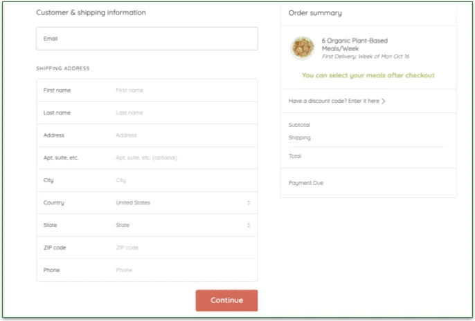 Screenshot of Sprinly's shipping page