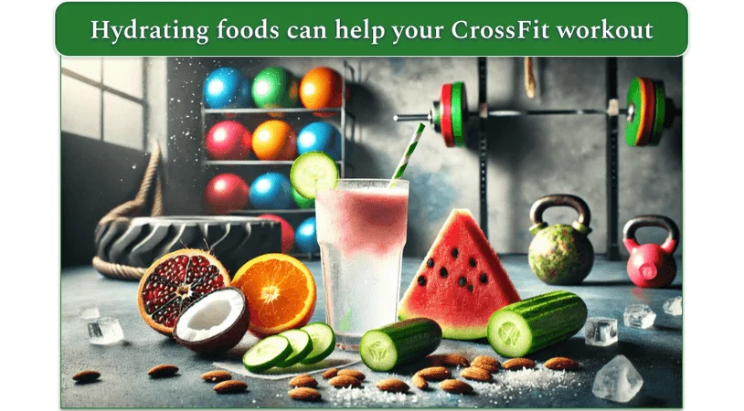 a picture of hydrating fruits in front of a crossfit gym