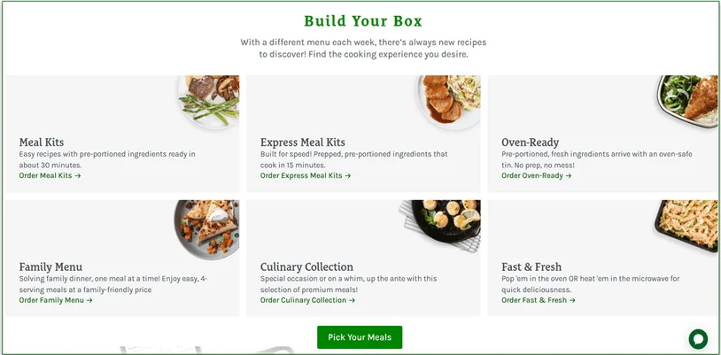 Screenshot of Home Chef's meal prep options.