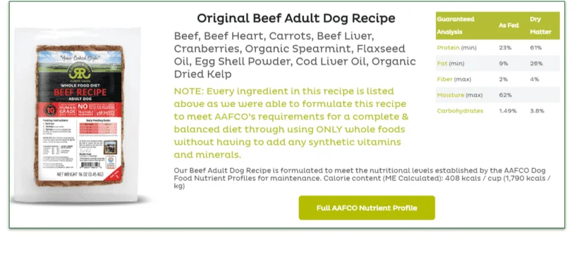 A bag of Raised Right Whole Food Diet Beef Recipe and the Nutritional Guidelines