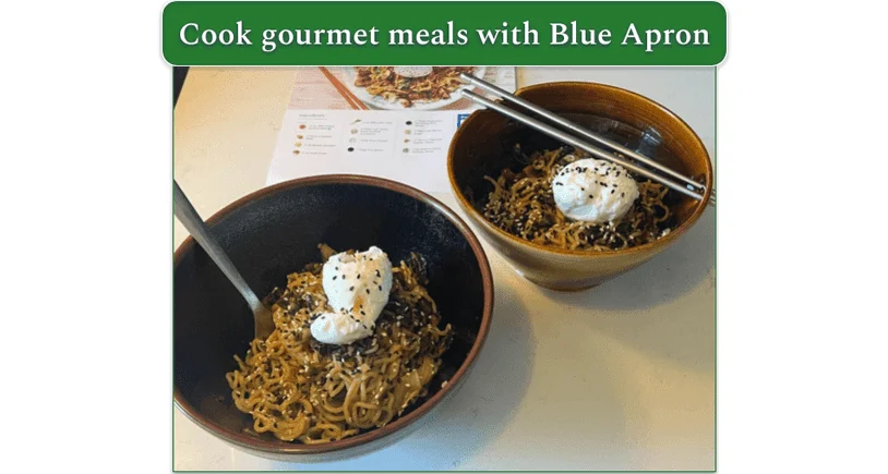 Our reviewers own image of mushroom ramen that they cooked with recipe card in the background