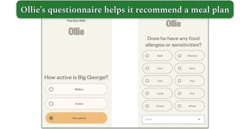 Screenshots from Ollie's sign-up quiz