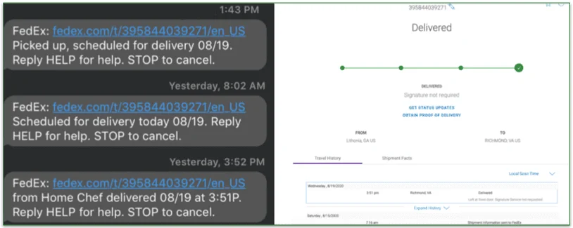 Screenshot of tracking a Home Chef delivery tracking via FedEx text updates