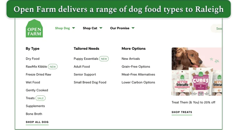 Screenshot of Open Farm’s dog food menu by type and needs