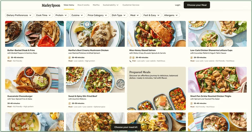 screenshot of marley spoon's menu