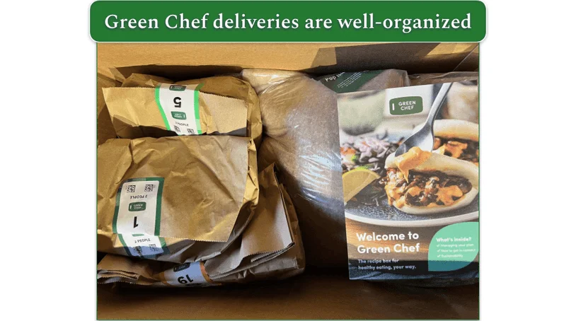 Open Green Chef box with recipe bags