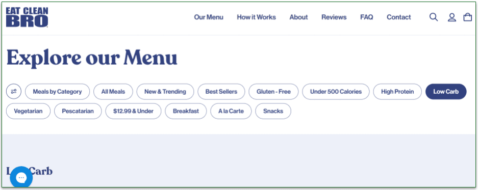 Eat Clean Bro's menu filters
