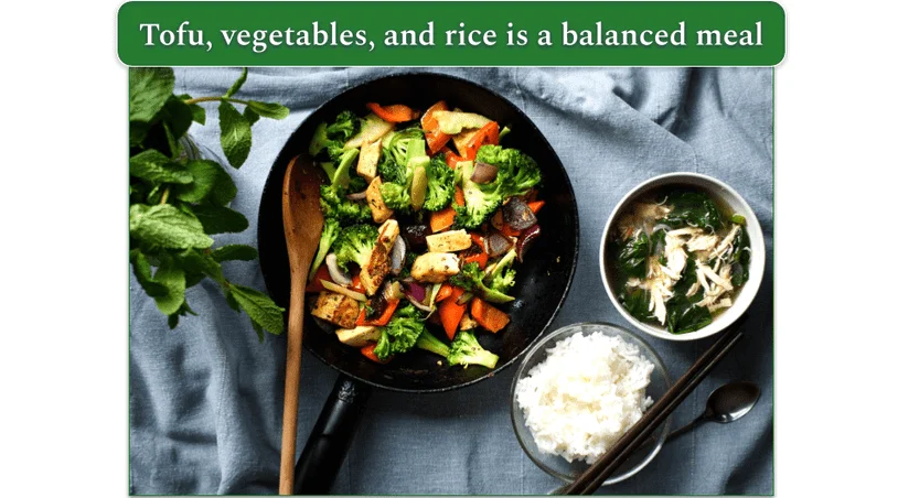 A complete meal of tofu, vegetables, and rice