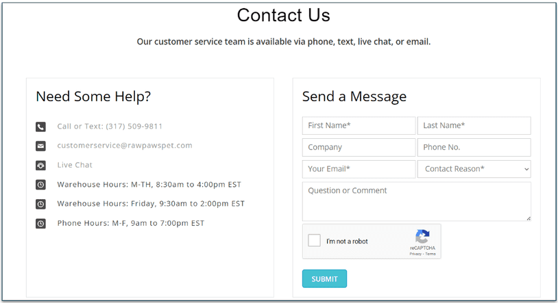 Contact Us page on Raw Paws