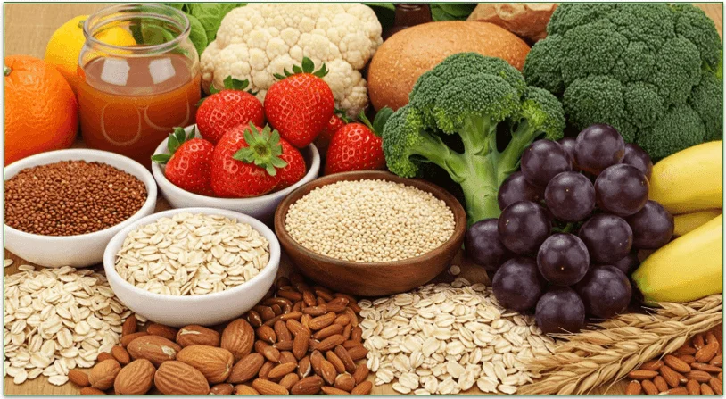 Various fresh fruits, vegetables, and other whole foods ingredients.