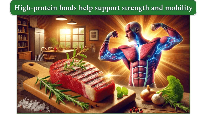 Image of a steak on a board with an image of a body showing strength and muscles in the background