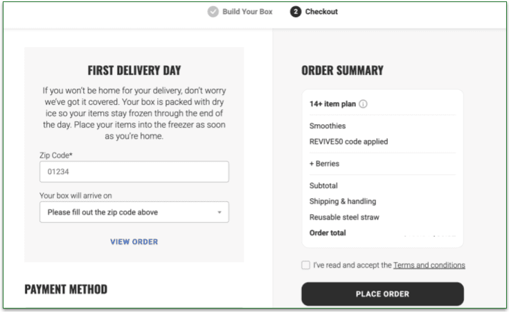 The payment and shipping info stage of Revive Superfoods checkout