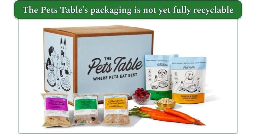 Image of The Pets Table delivery box, 3 packs of fresh food, 2 packs of dry food, and some ingredients