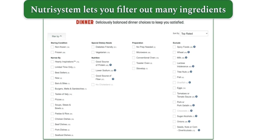 Nutrisystem's extensive menu filter options.
