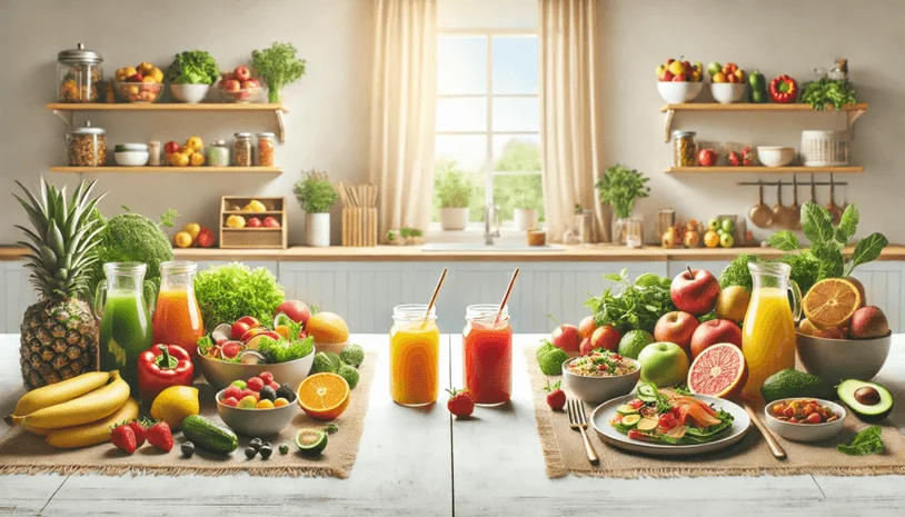 Glasses of juice and a variety of fresh fruits and vegetables on a kitchen counter