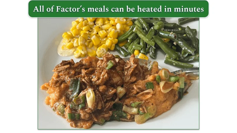 Factor's Shredded BBQ Chicken and Sweet Potato Mash with corn and green beans