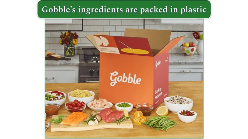 Image of a Gobble delivery box next to bowls of ingredients