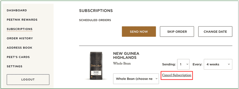 Cancel Subscription button in a red box. This button can be found on your Subscriptions tab