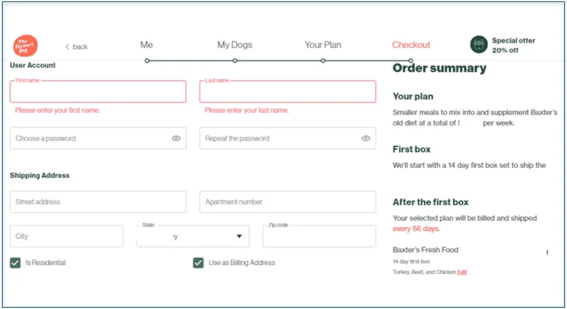 Screenshot of the Checkout screen for delivery, shipping, and payment details