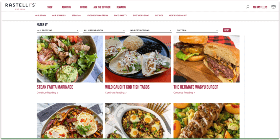 Screenshot of Rastelli's recipes page