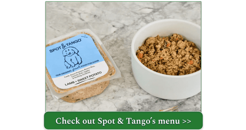 Spot & Tango's lamb and brown rice meal in a bowl with the packet next to it