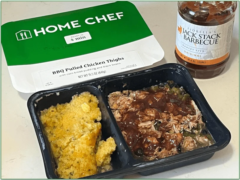 Home Chef's BBQ pulled chicken thighs served in the tray