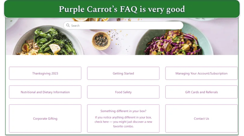 Screenshot of Purple Carrot's FAQ page with search feature
