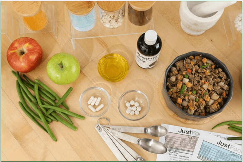 A bowl of JustFoodForDogs food surrounded by fresh ingredients and lab materials