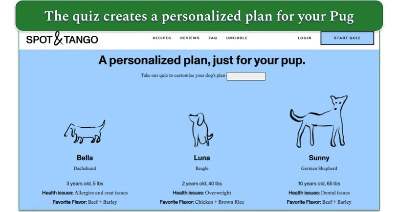 Screenshot of Spot & Tango’s website showing 3 plans for different breeds