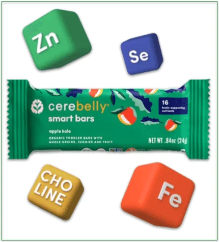 An Apple Kale Smart Bar surrounded by its the most common nutritional elements