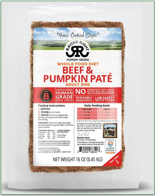 Raised Right's Beef & Pumpkin Paté for Adult Dogs in its packaging