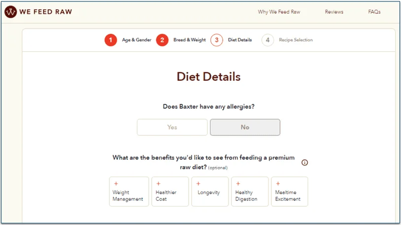 Screenshot of We Feed Raw's introductory quiz